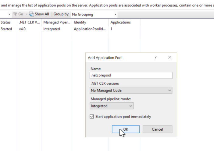 iis .net core pool