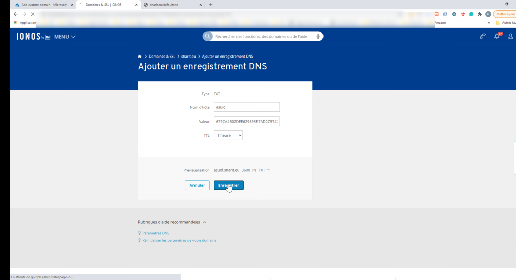 Ajout domaine personnalisé Azure app