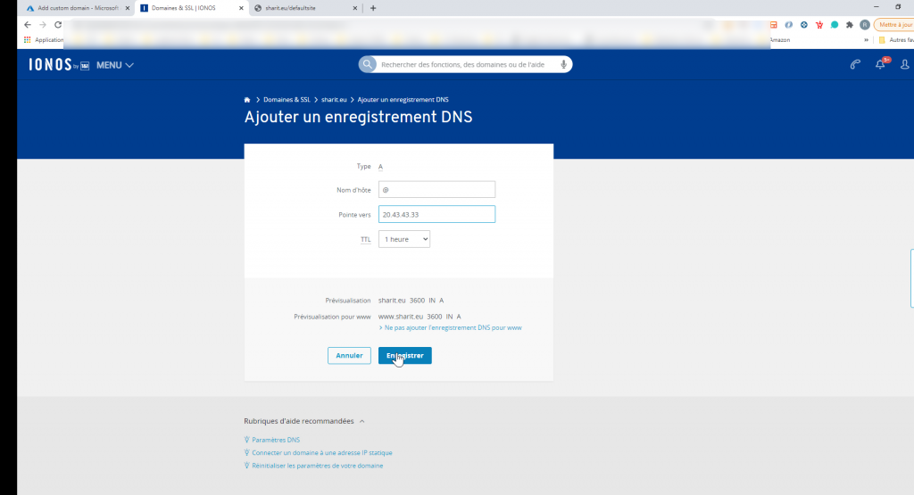 Ajout domaine personnalisé Azure app