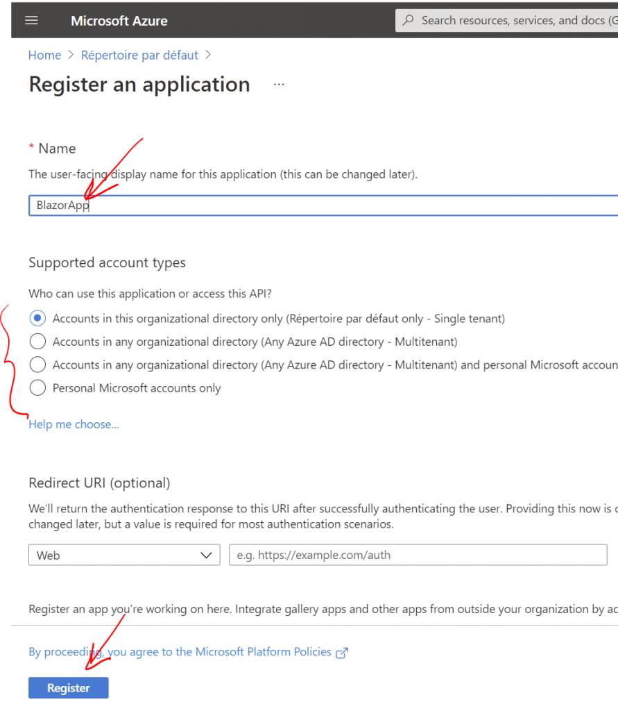 Inscrire application Azure AD