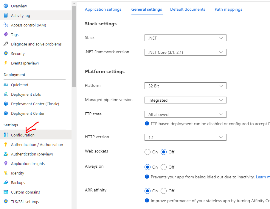 paramètres azure app service