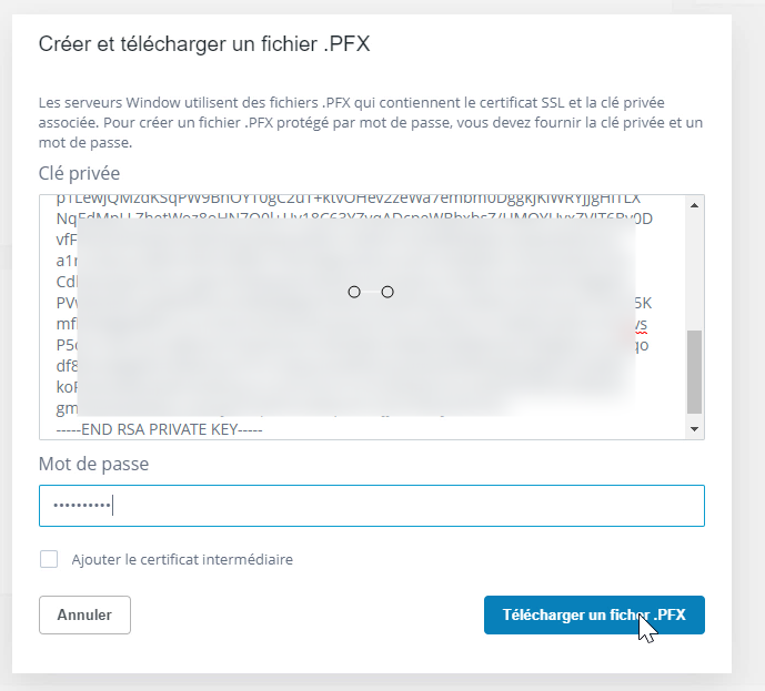 lier un certificat SSL fichier PFX