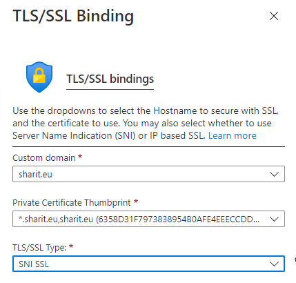 lier un certificat SSL domaine Azure Charger fichier PFX