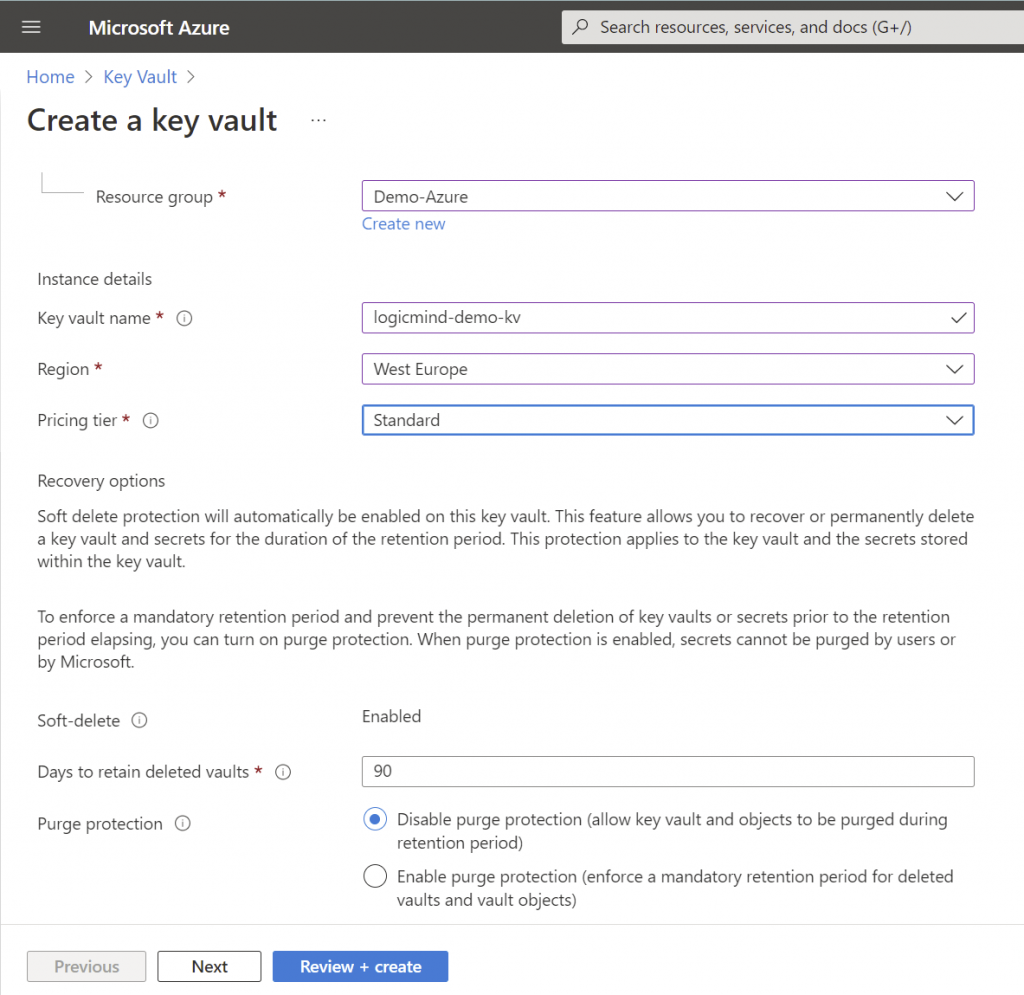 Revue de création de la ressource Key Vault